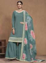 Roman Silk Sky Blue Party Wear Printed Sharara Suit